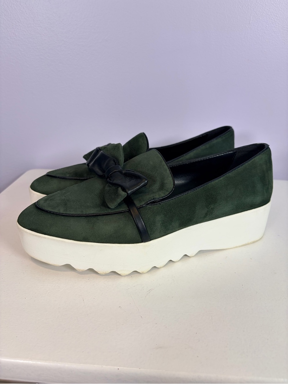 Karl Lagerfeld Dark Green Suede Platform Loafers with Bow